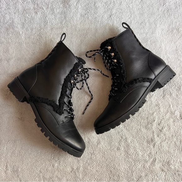 Kate Spade Raquelle Lug Sole Lace-Up Sherpa Faux Fur Combat Boot Black Sz 6 - Picture 1 of 16